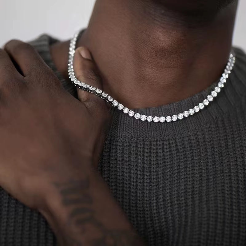 Hip Hop Zircon Crystal Necklace for Men Rock Silver Color Tennis Chain Necklace for Women Fashion Party Jewelry Gift