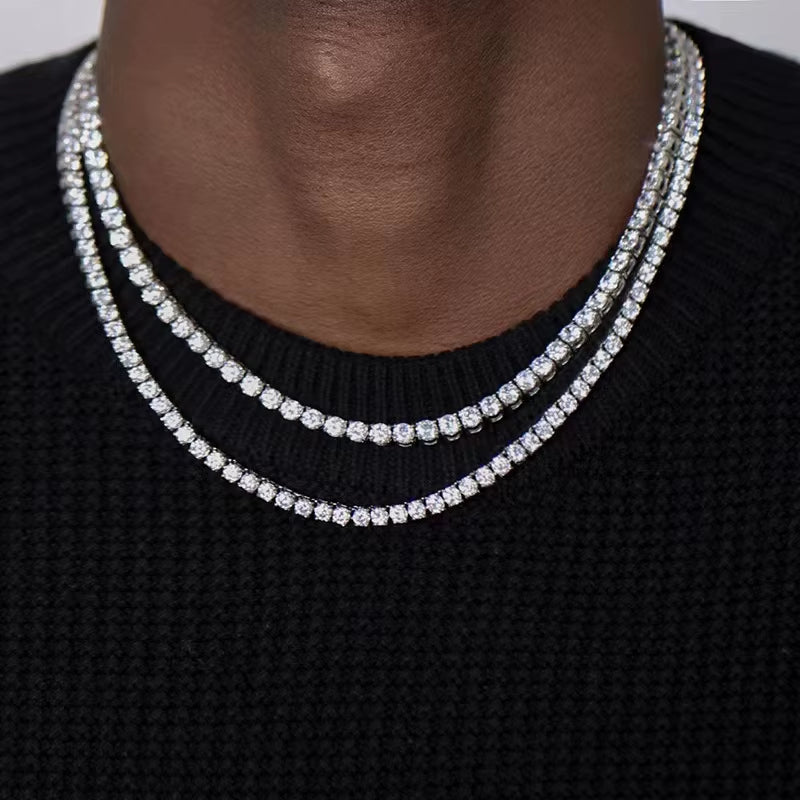 Hip Hop Zircon Crystal Necklace for Men Rock Silver Color Tennis Chain Necklace for Women Fashion Party Jewelry Gift